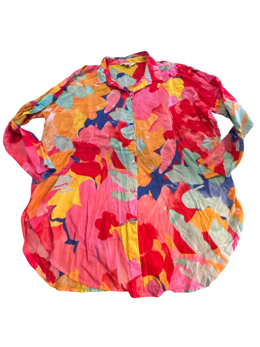Artsy Abstract Bright Floral Watercolor Button Down Tunic Top Medium Whimsigoth